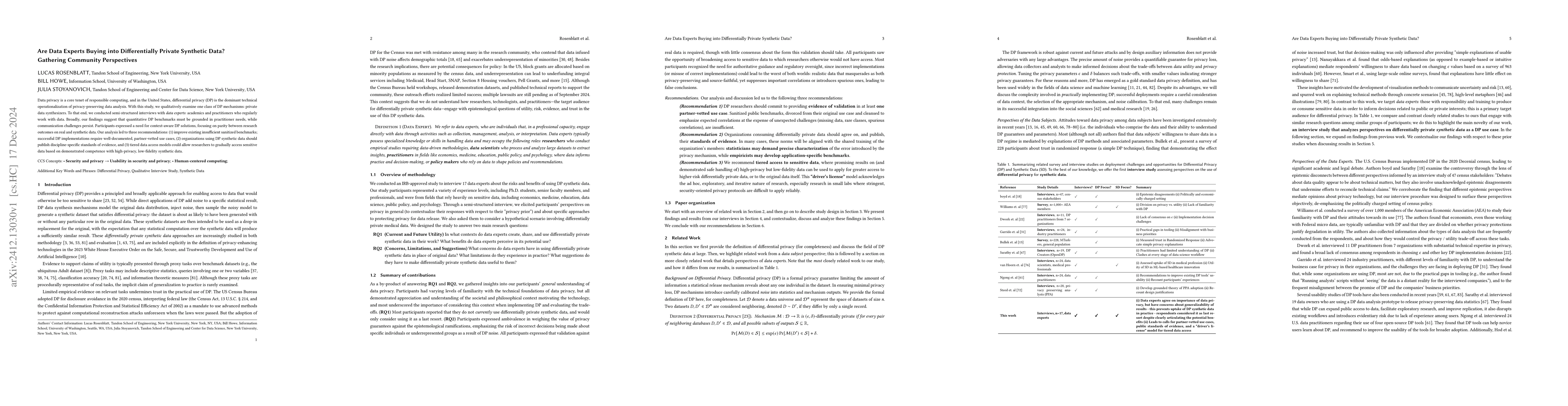 Thumbnail for Are Data Experts Buying into Differentially Private Synthetic Data?
  Gathering Community Perspectives