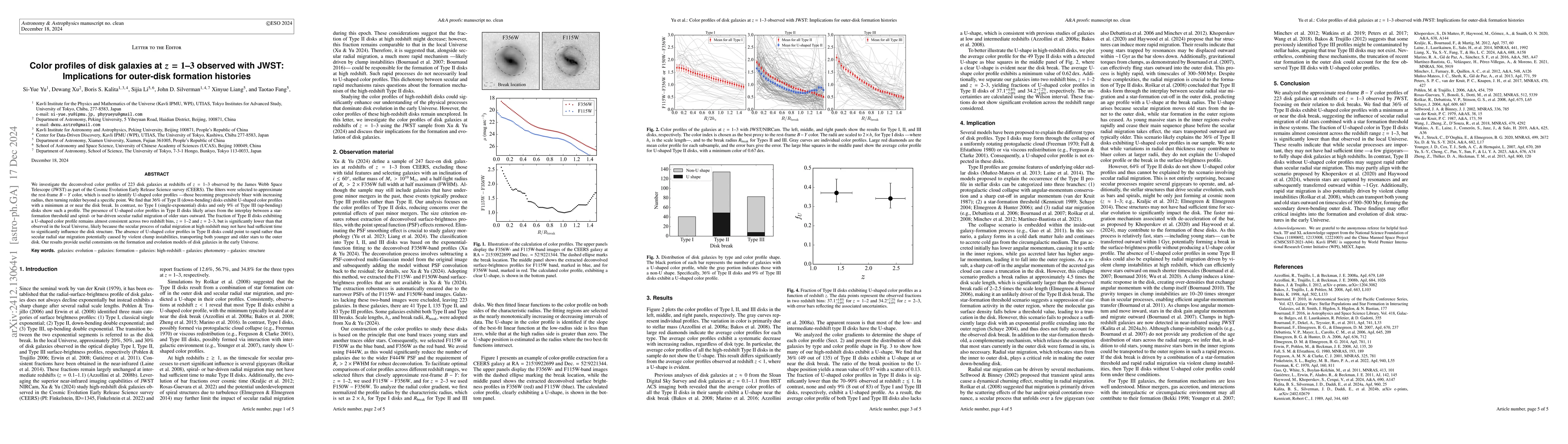 Thumbnail for Color profiles of disk galaxies at $z=1$-$3$ observed with JWST:
  Implications for outer-disk formation histories