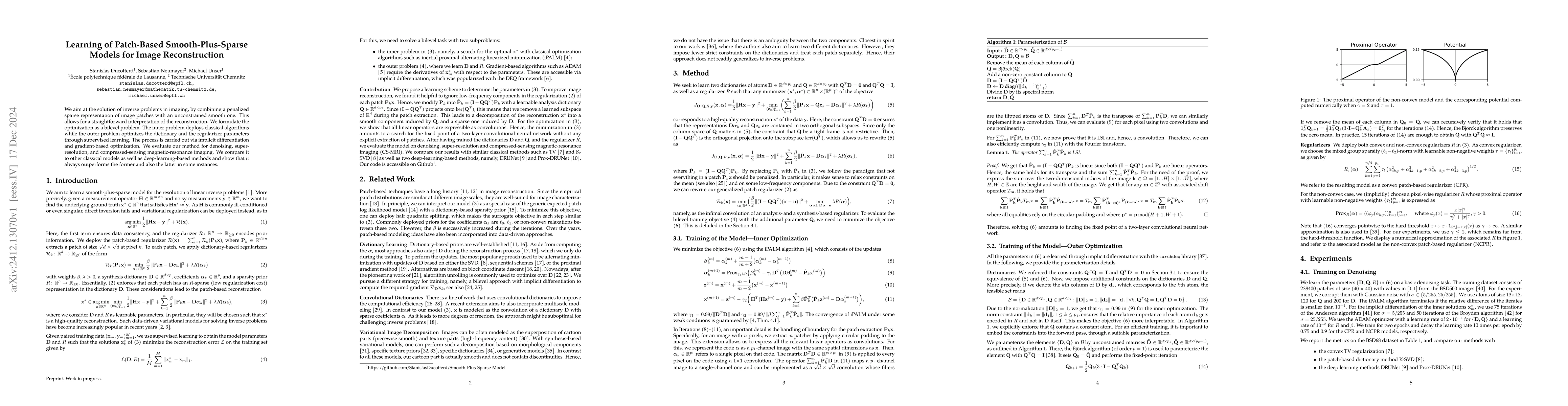 Thumbnail for Learning of Patch-Based Smooth-Plus-Sparse Models for Image
  Reconstruction