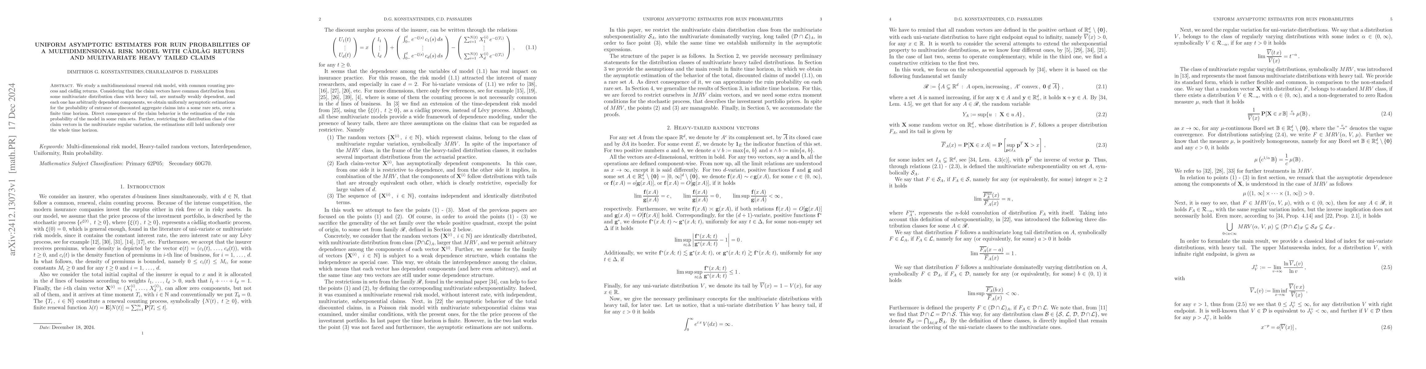 Thumbnail for Uniform asymptotic estimates for ruin probabilities of a
  multidimensional risk model with cadlag returns and multivariate heavy tailed
  claims