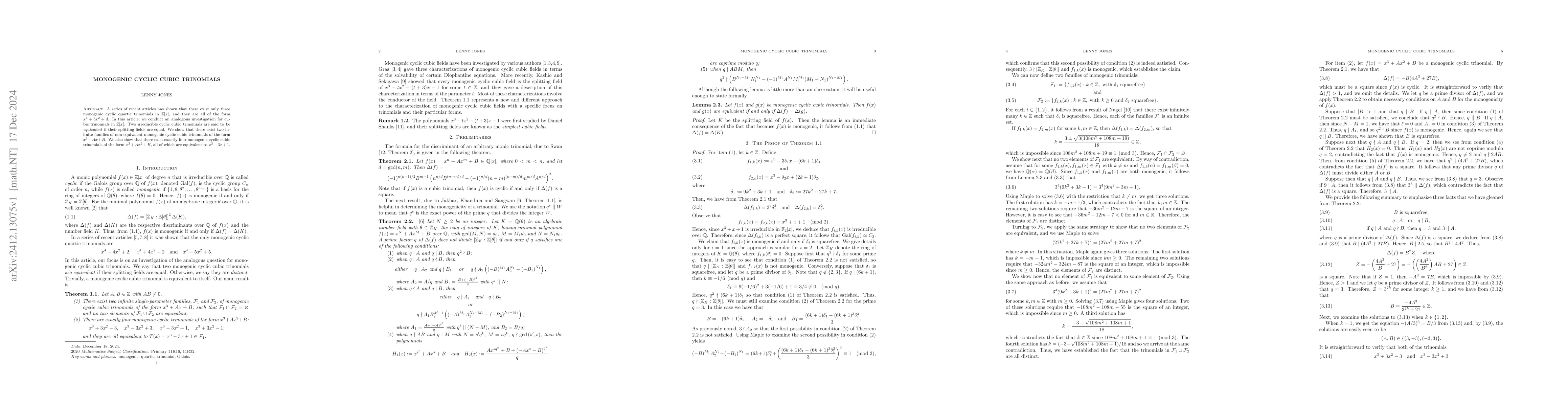 Thumbnail for Monogenic Cyclic Cubic Trinomials
