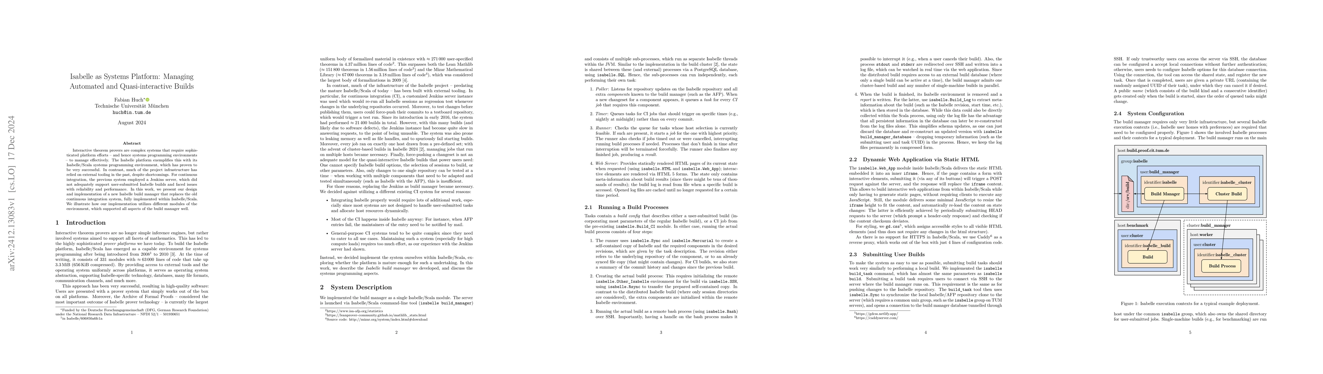 Thumbnail for Isabelle as Systems Platform: Managing Automated and Quasi-interactive
  Builds