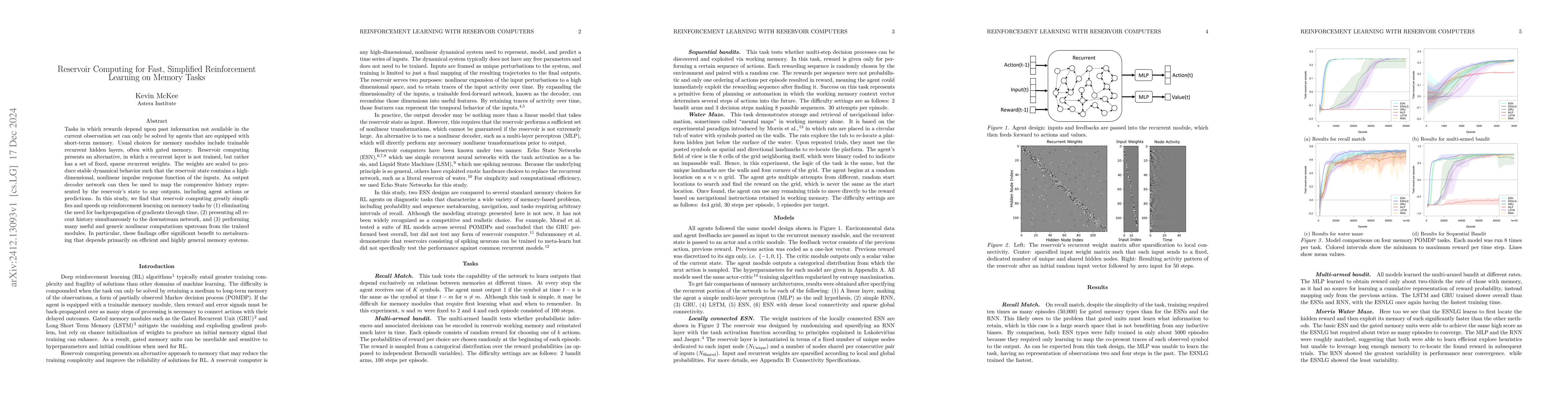 Thumbnail for Reservoir Computing for Fast, Simplified Reinforcement Learning on
  Memory Tasks
