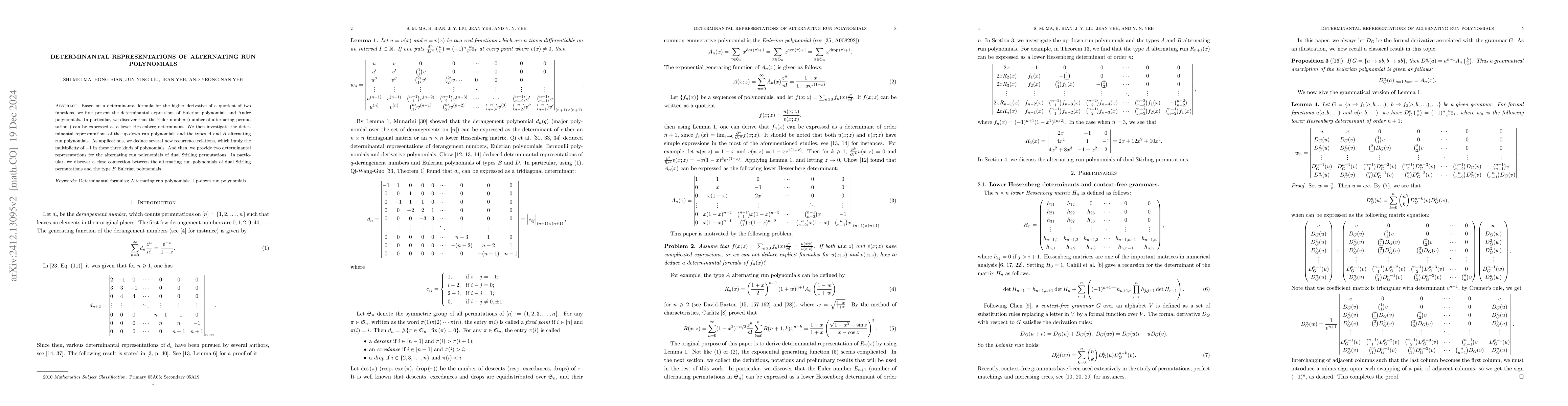 Thumbnail for Determinantal representations of alternating run polynomials