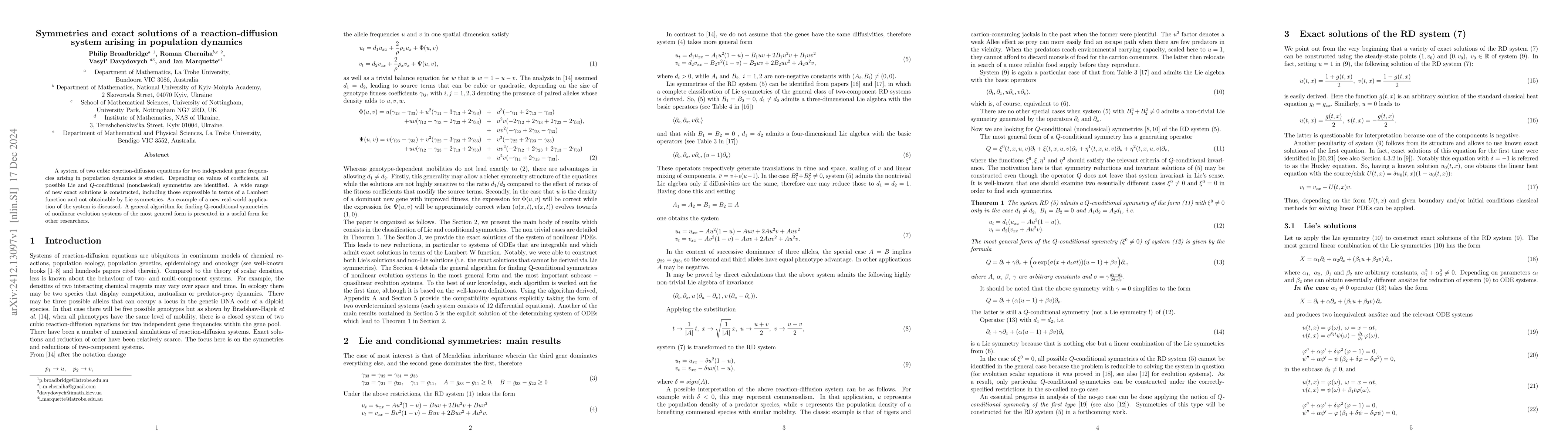 Thumbnail for Symmetries and exact solutions of a reaction-diffusion system arising in
  population dynamics