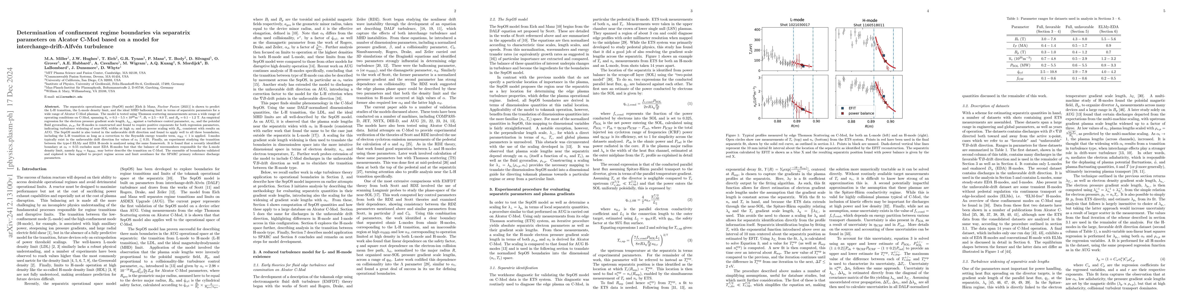 Thumbnail for Determination of confinement regime boundaries via separatrix parameters
  on Alcator C-Mod based on a model for interchange-drift-Alfvén turbulence