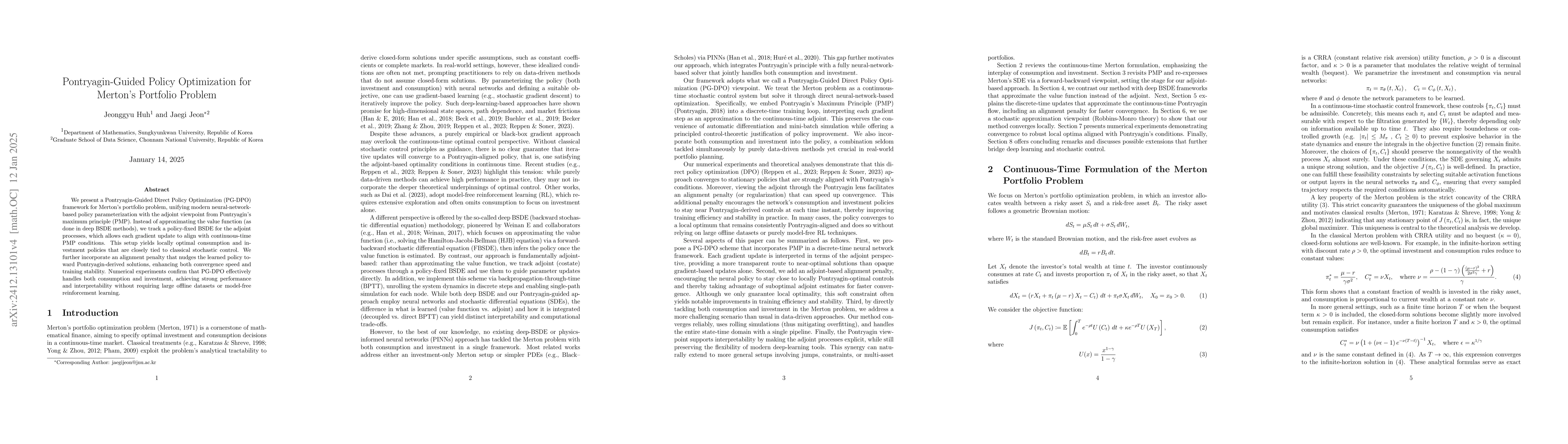 Thumbnail for A Two-Stage Pontryagin-Guided Neural Policy Optimization Framework for
  Merton's Portfolio Problem