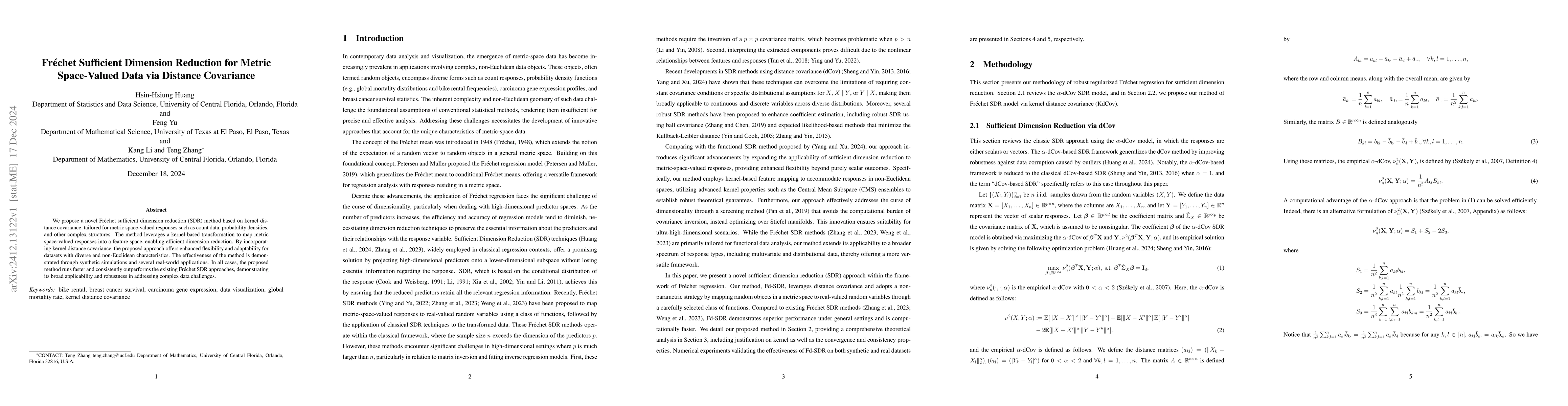 Thumbnail for Fréchet Sufficient Dimension Reduction for Metric Space-Valued Data
  via Distance Covariance