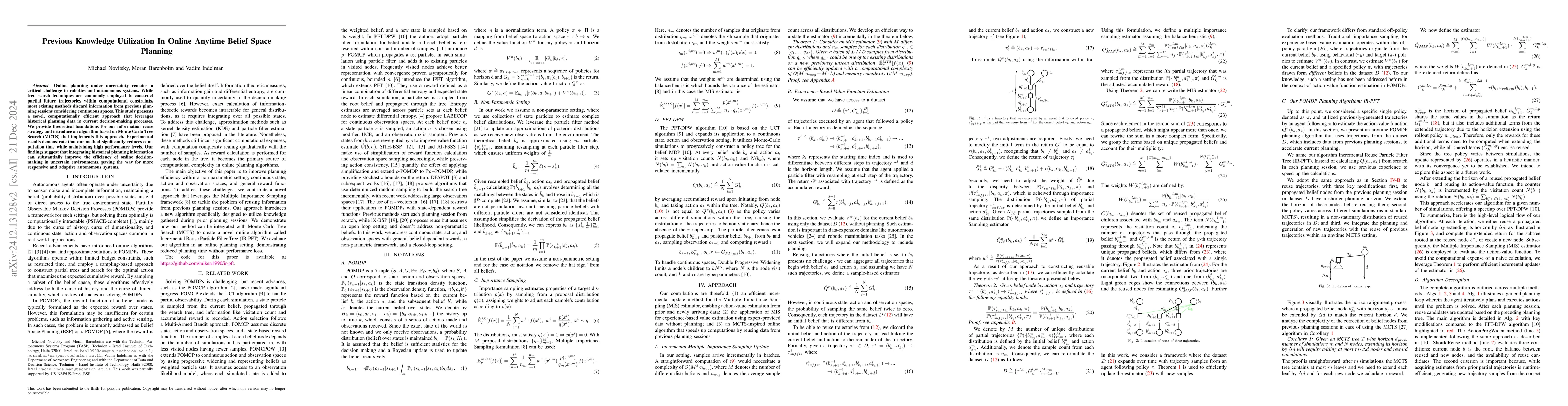 Thumbnail for Previous Knowledge Utilization In Online Anytime Belief Space Planning
