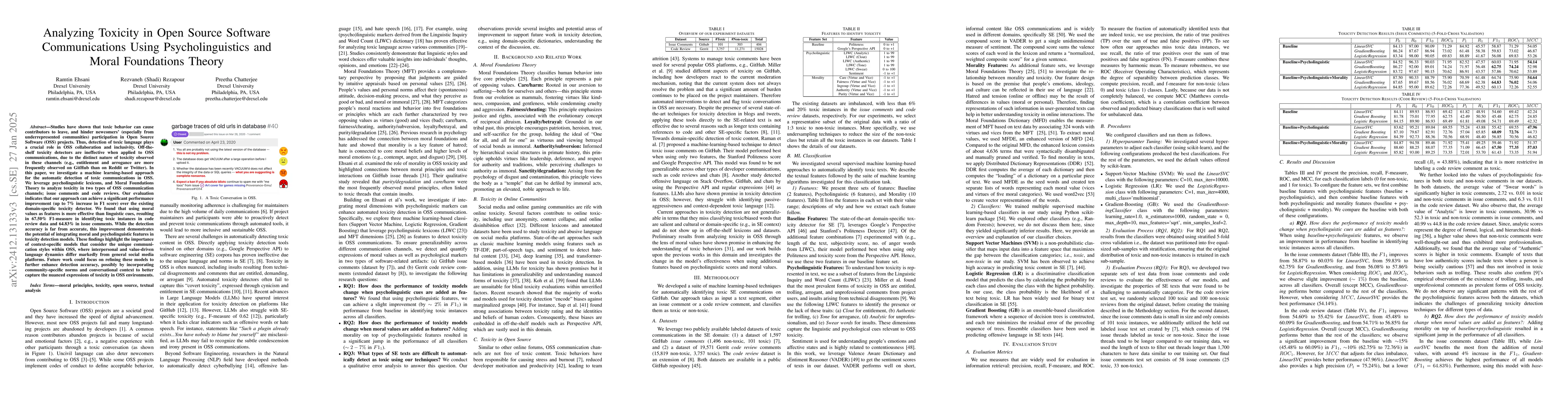 Thumbnail for Analyzing Toxicity in Open Source Software Communications Using
  Psycholinguistics and Moral Foundations Theory