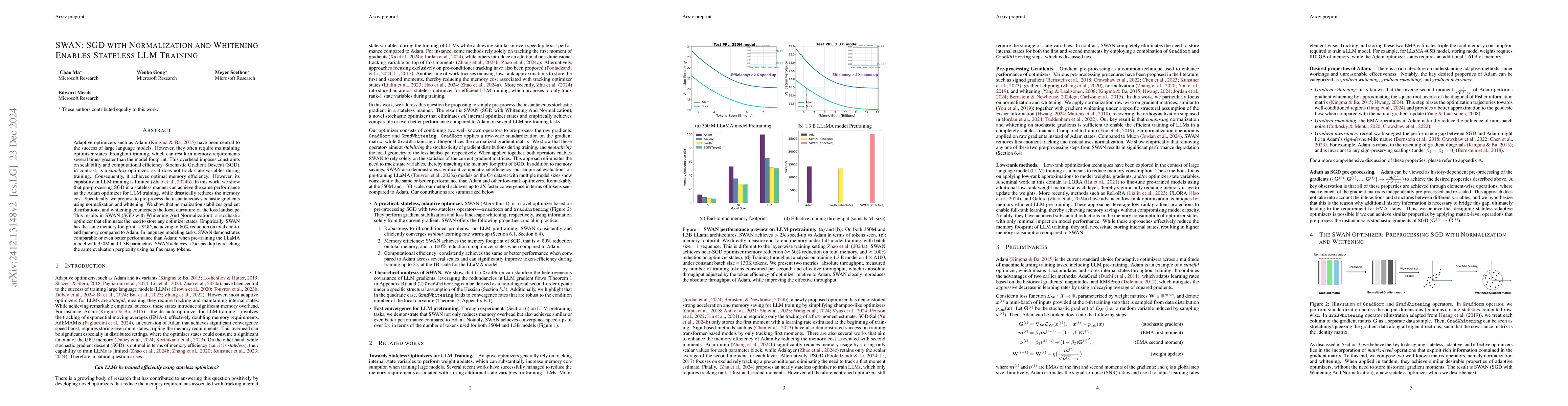 Thumbnail for SWAN: SGD with Normalization and Whitening Enables Stateless LLM
  Training