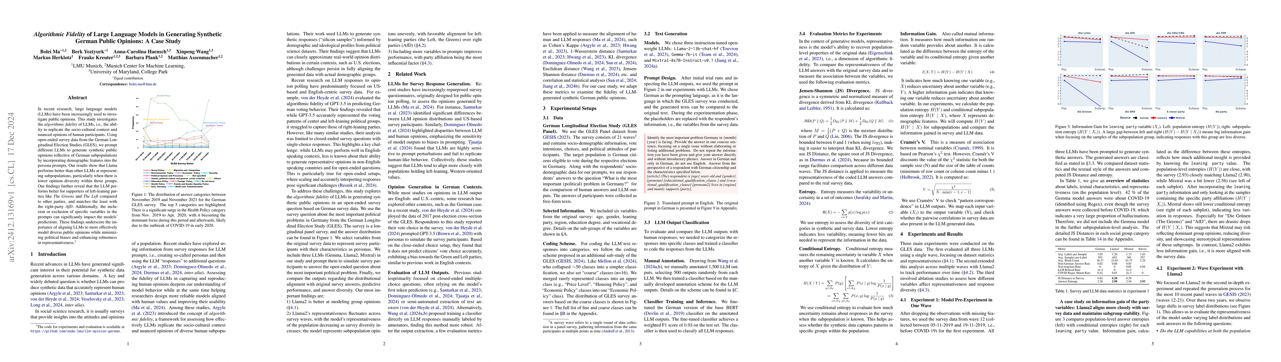 Thumbnail for Algorithmic Fidelity of Large Language Models in Generating Synthetic
  German Public Opinions: A Case Study