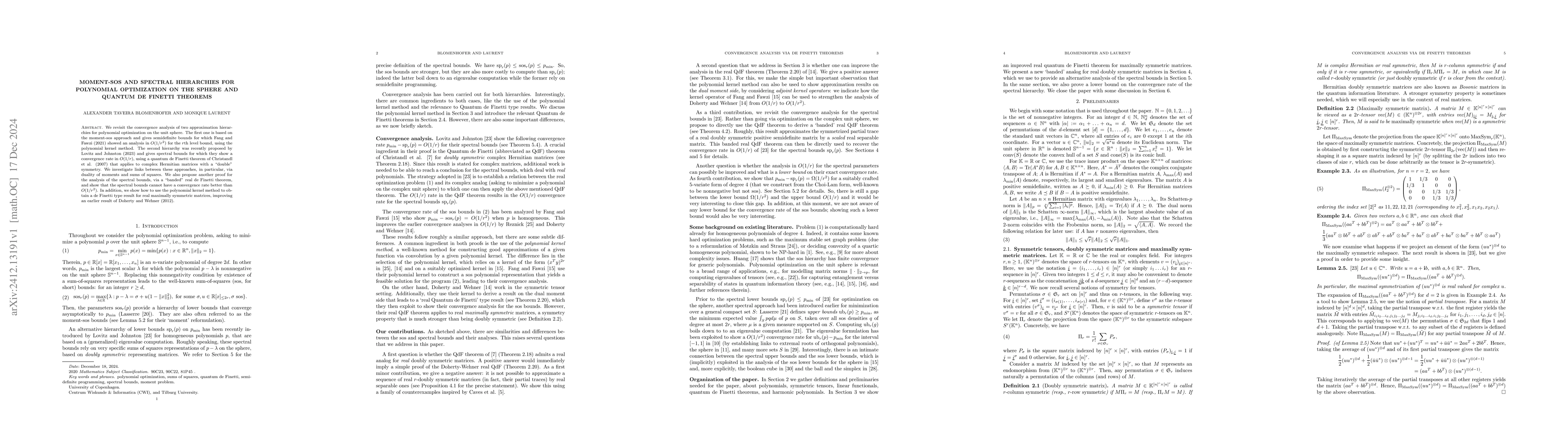 Thumbnail for Moment-sos and spectral hierarchies for polynomial optimization on the
  sphere and quantum de Finetti theorems