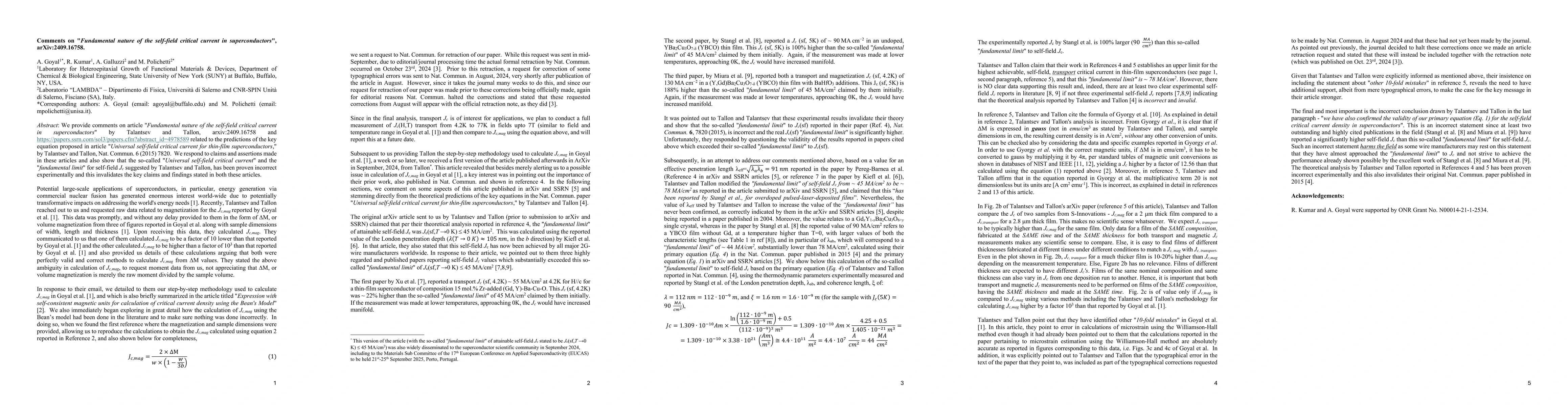 Thumbnail for Comments on "Fundamental nature of the self-field critical current in
  superconductors", arxiv:2409.16758