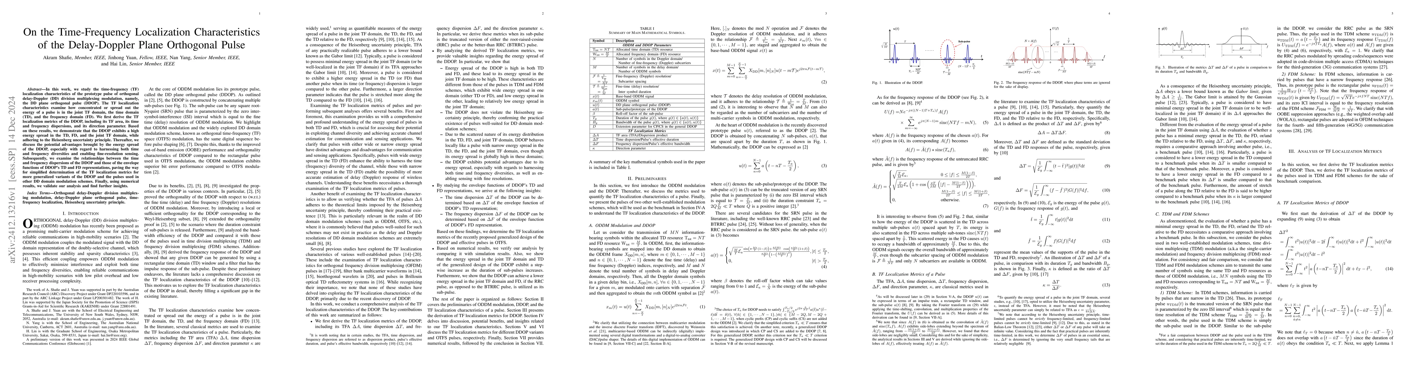 Thumbnail for On the Time-Frequency Localization Characteristics of the Delay-Doppler
  Plane Orthogonal Pulse