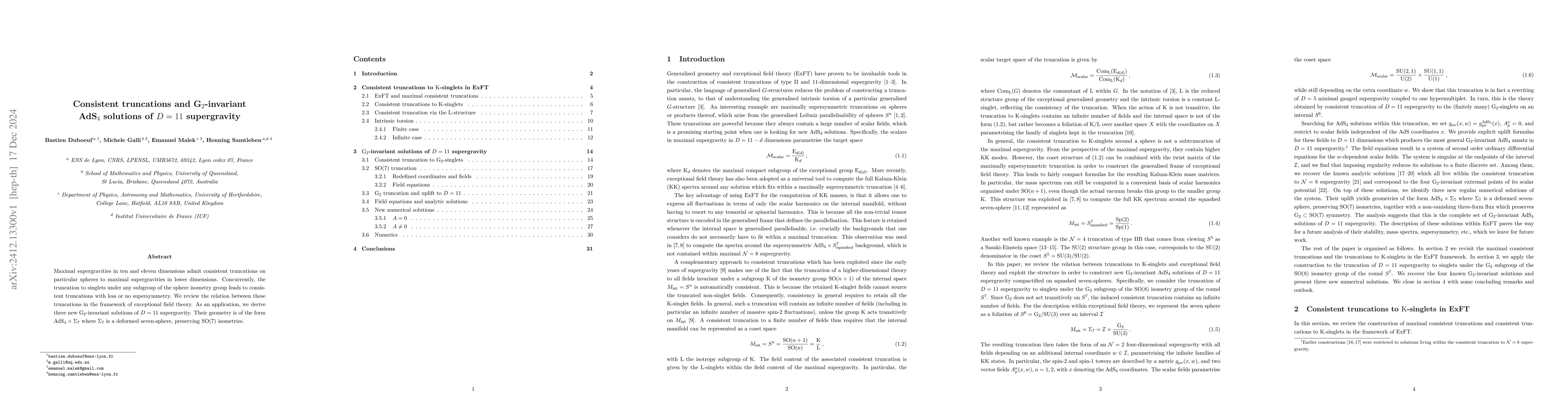Thumbnail for Consistent truncations and G$_2$-invariant AdS$_4$ solutions of $D=11$
  supergravity