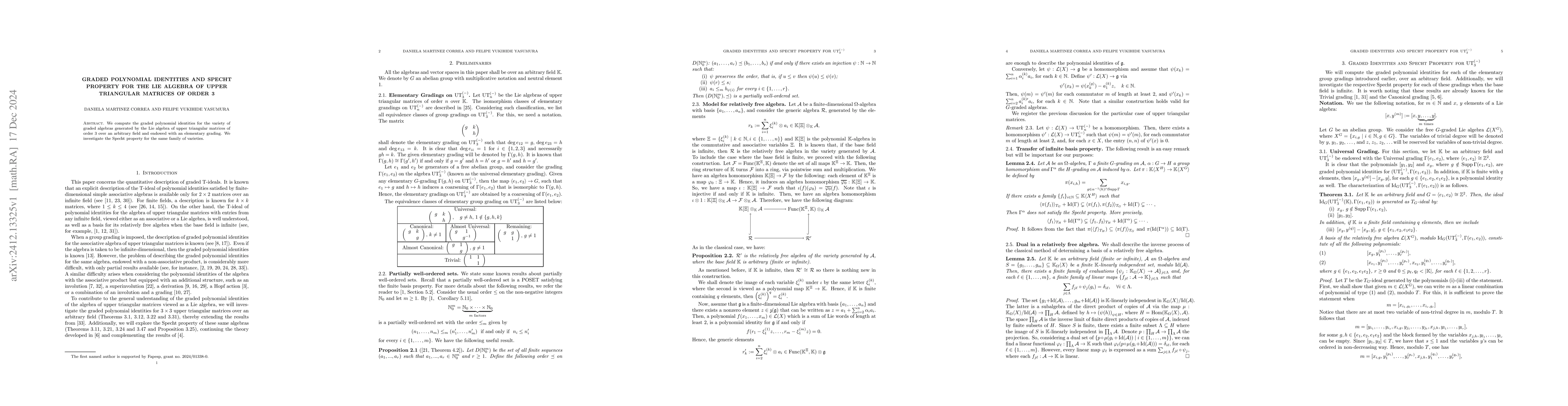 Thumbnail for Graded polynomial identities and Specht property for the Lie algebra of
  upper triangular matrices of order 3