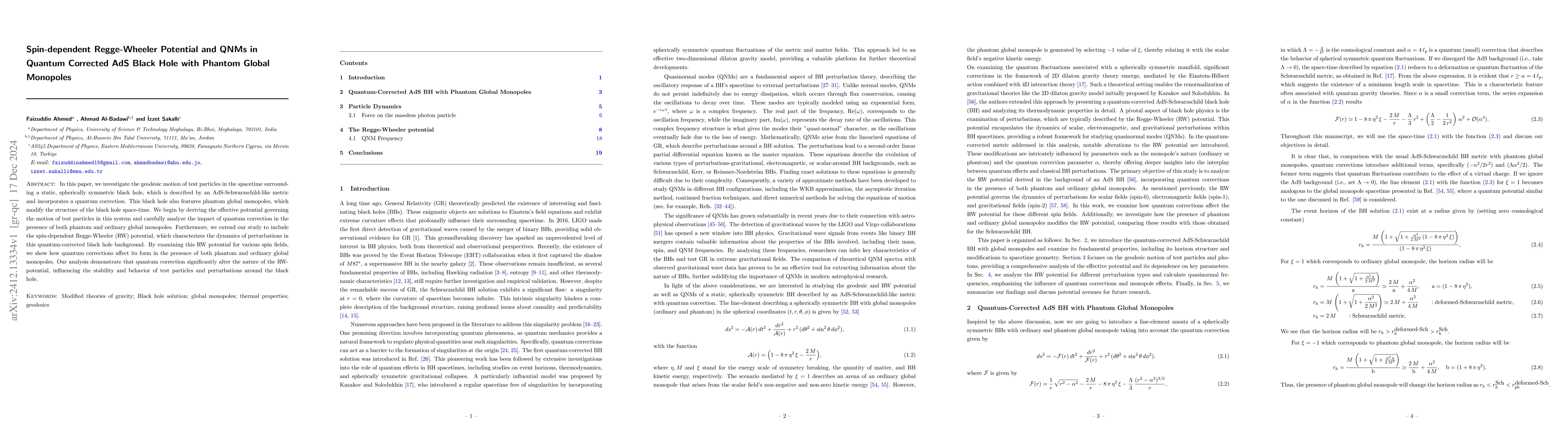 Thumbnail for Spin-dependent Regge-Wheeler Potential and QNMs in Quantum Corrected AdS
  Black Hole with Phantom Global Monopoles