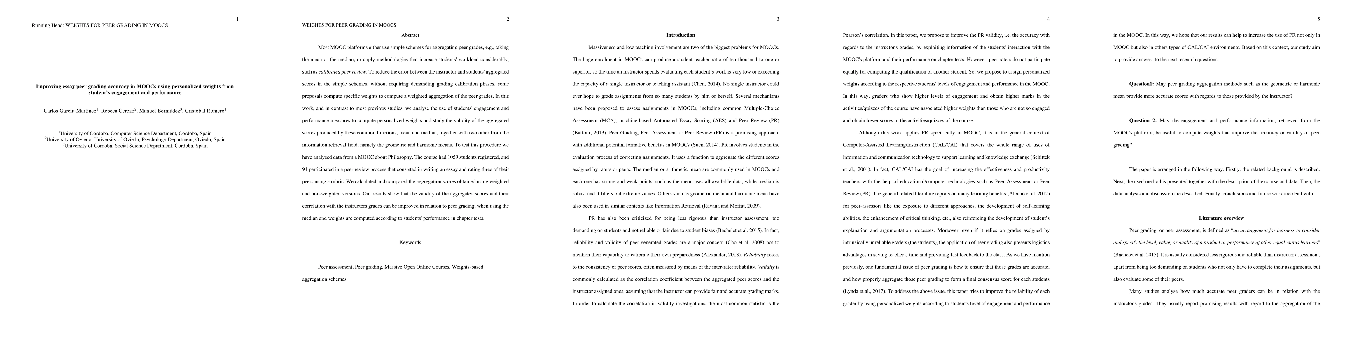 Thumbnail for Improving essay peer grading accuracy in MOOCs using personalized
  weights from student's engagement and performance
