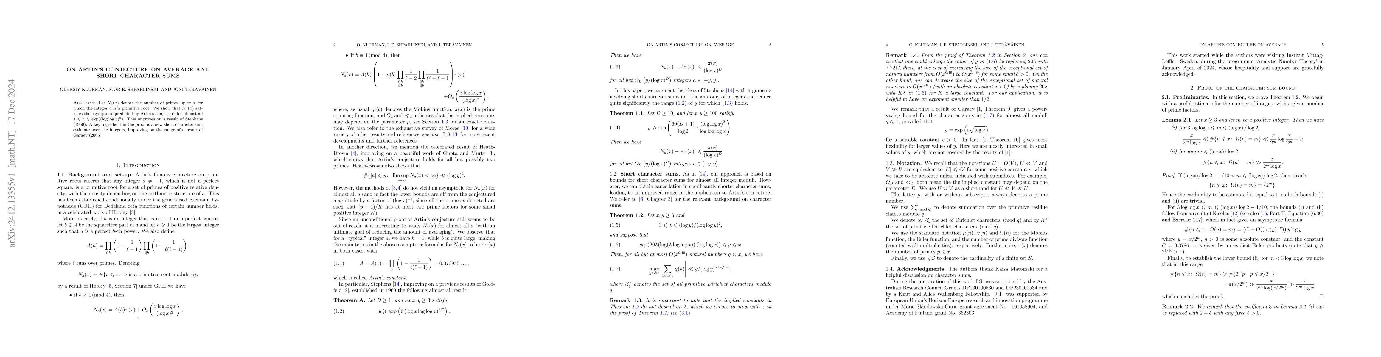 Thumbnail for On Artin's conjecture on average and short character sums