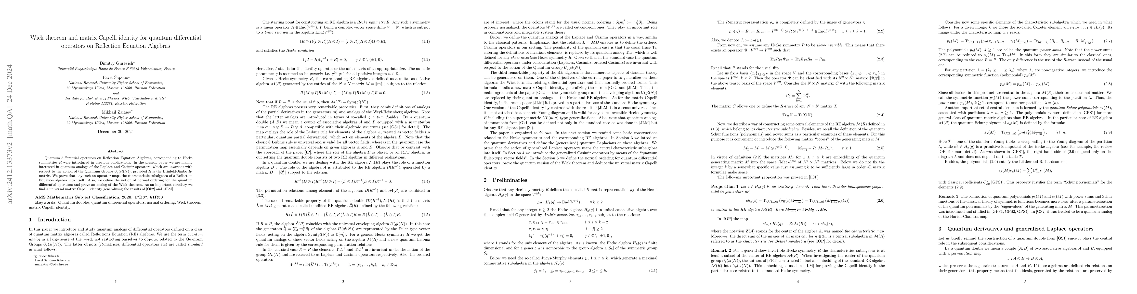 Thumbnail for Wick theorem and matrix Capelli identity for quantum differential
  operators on Reflection Equation Algebras