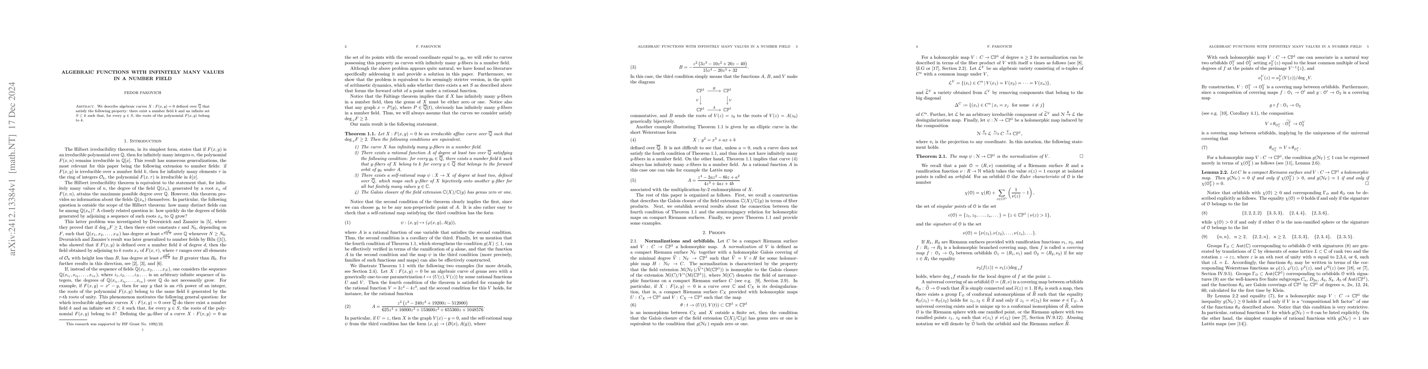 Thumbnail for Algebraic functions with infinitely many values in a number field