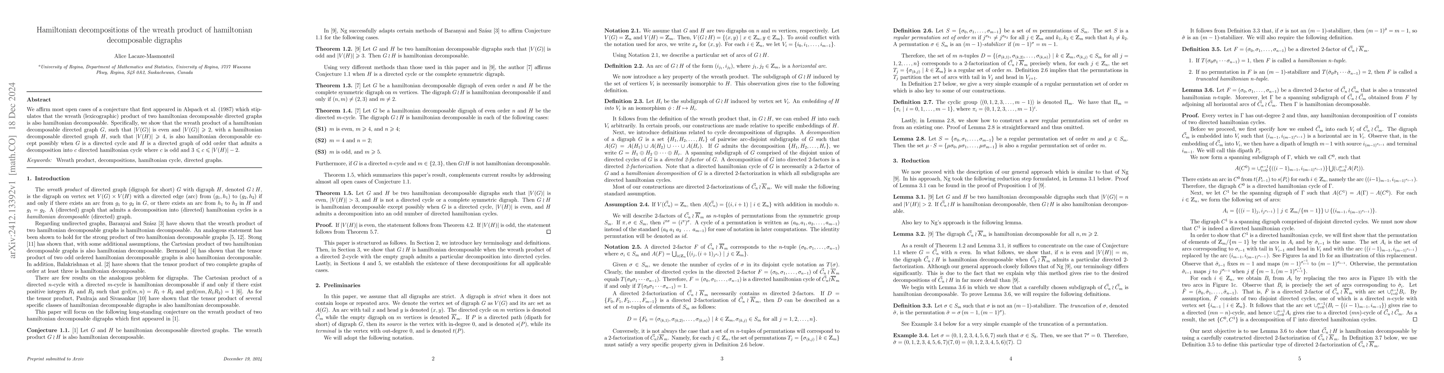 Thumbnail for Hamiltonian decompositions of the wreath product of hamiltonian
  decomposable digraphs