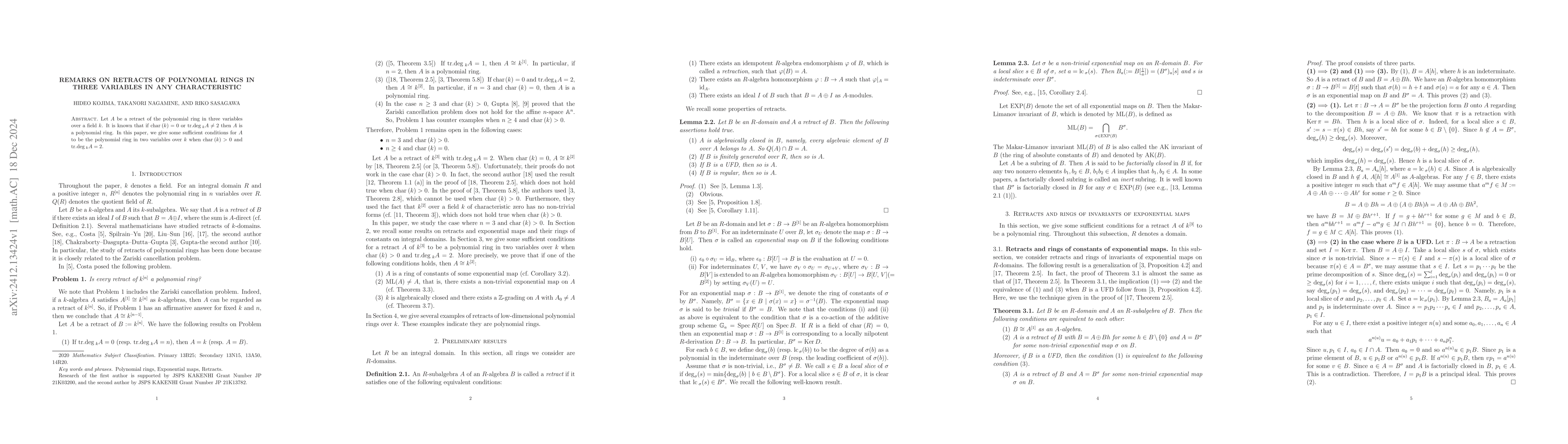 Thumbnail for Remarks on retracts of polynomial rings in three variables in any
  characteristic