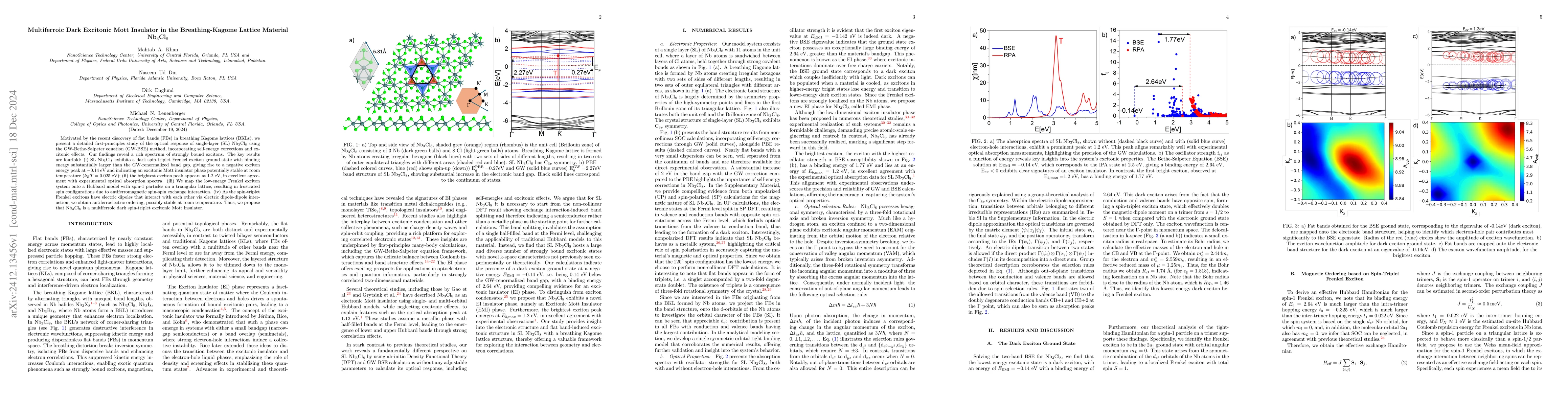 Thumbnail for Multiferroic Dark Excitonic Mott Insulator in the Breathing-Kagome
  Lattice Material Nb$_3$Cl$_8$