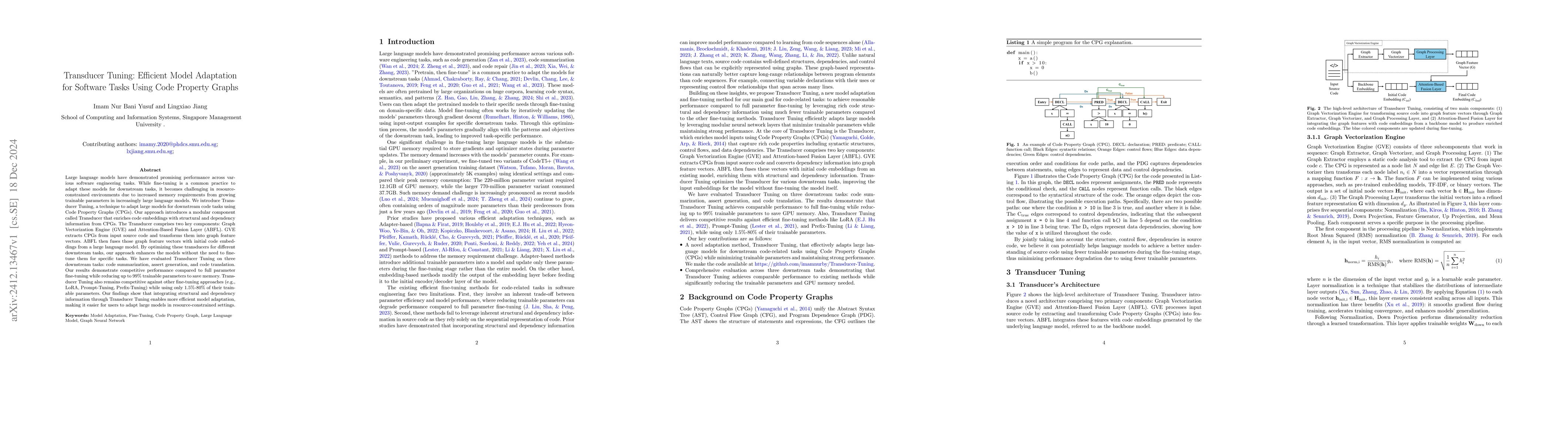 Thumbnail for Transducer Tuning: Efficient Model Adaptation for Software Tasks Using
  Code Property Graphs