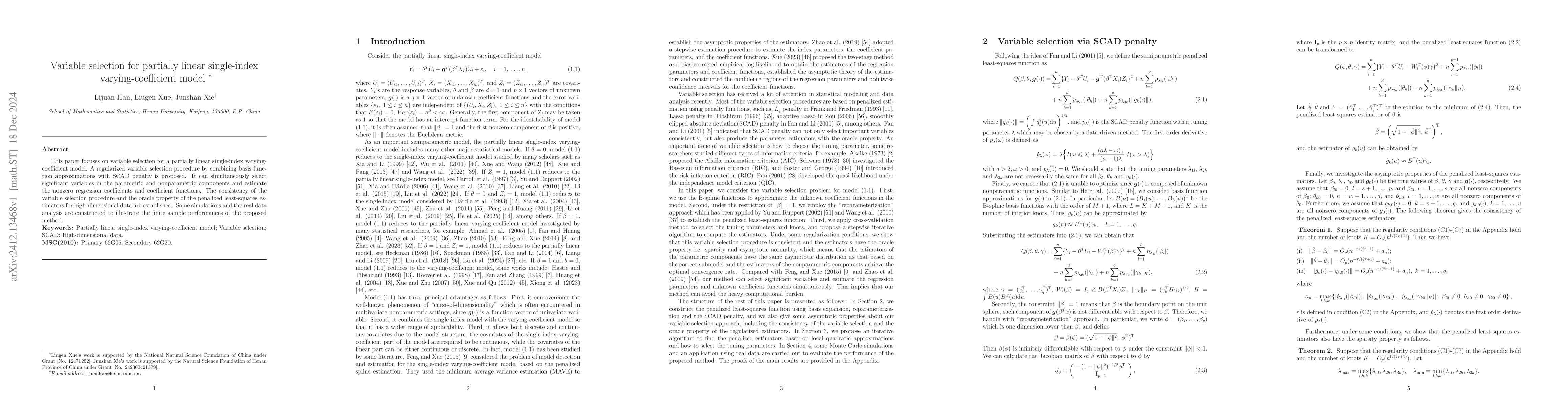 Thumbnail for Variable selection for partially linear single-index varying-coefficient
  model