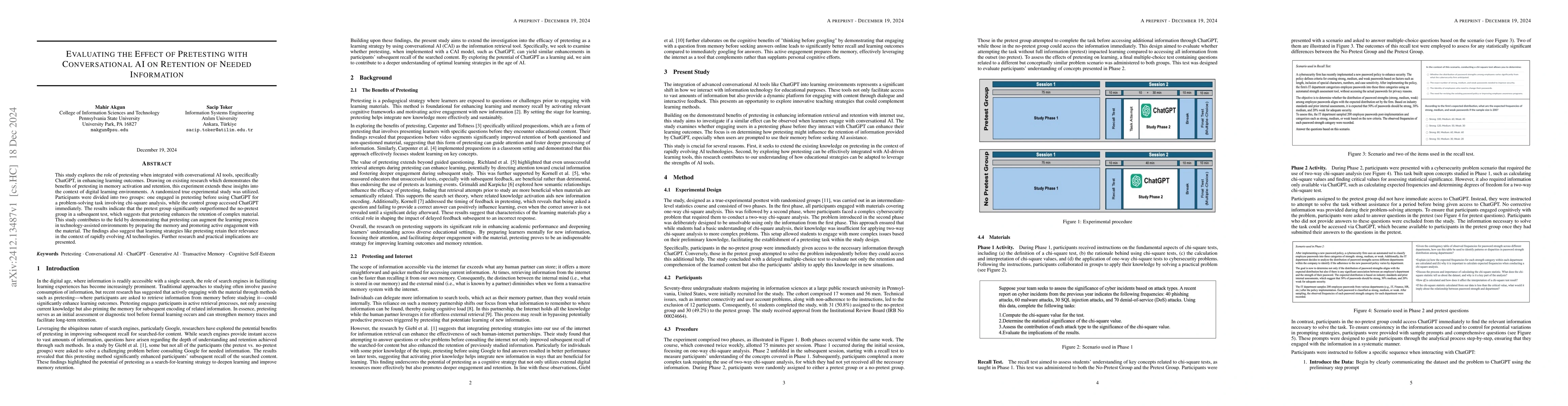 Thumbnail for Evaluating the Effect of Pretesting with Conversational AI on Retention
  of Needed Information