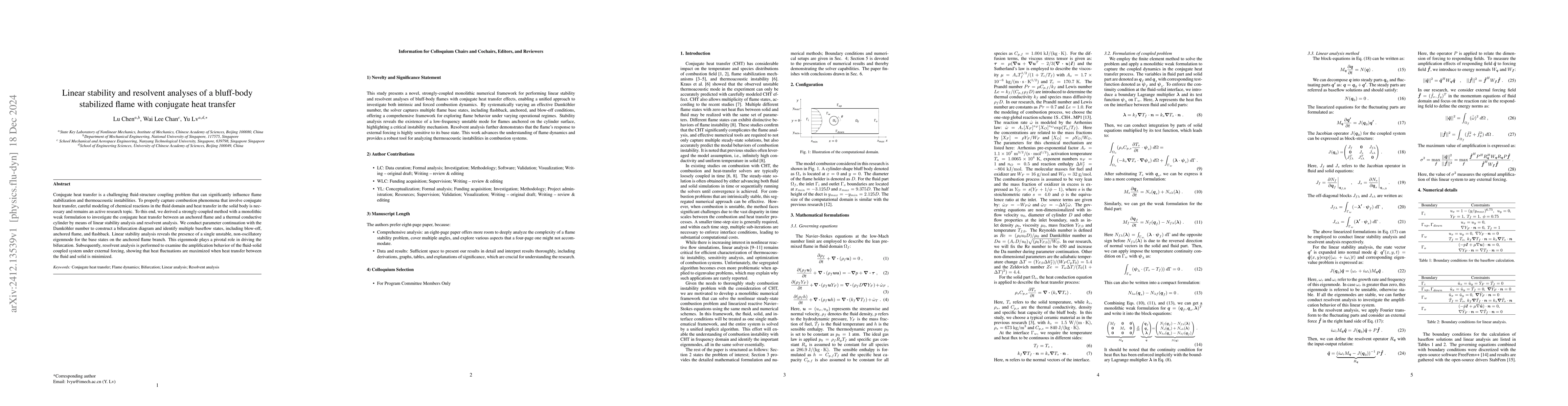 Thumbnail for Linear stability and resolvent analyses of a bluff-body stabilized flame
  with conjugate heat transfer