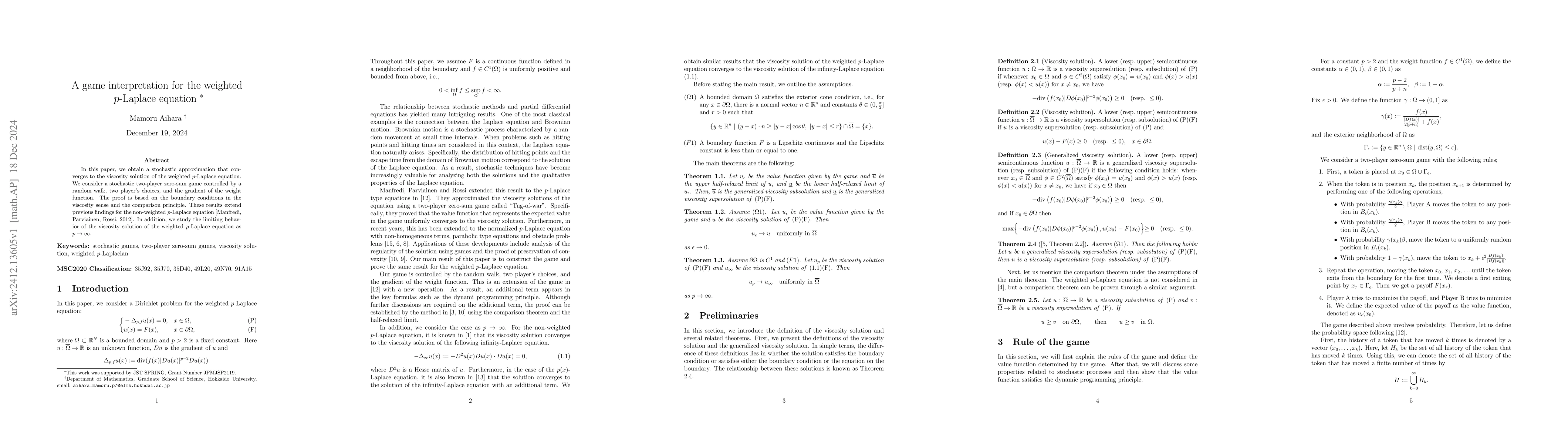 Thumbnail for A game interpretation for the weighted $p$-Laplace equation