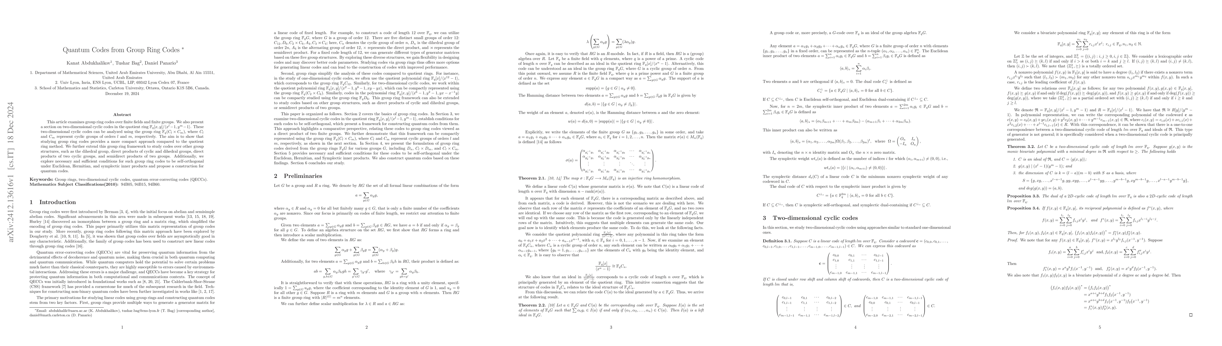 Thumbnail for Quantum Codes from Group Ring Codes