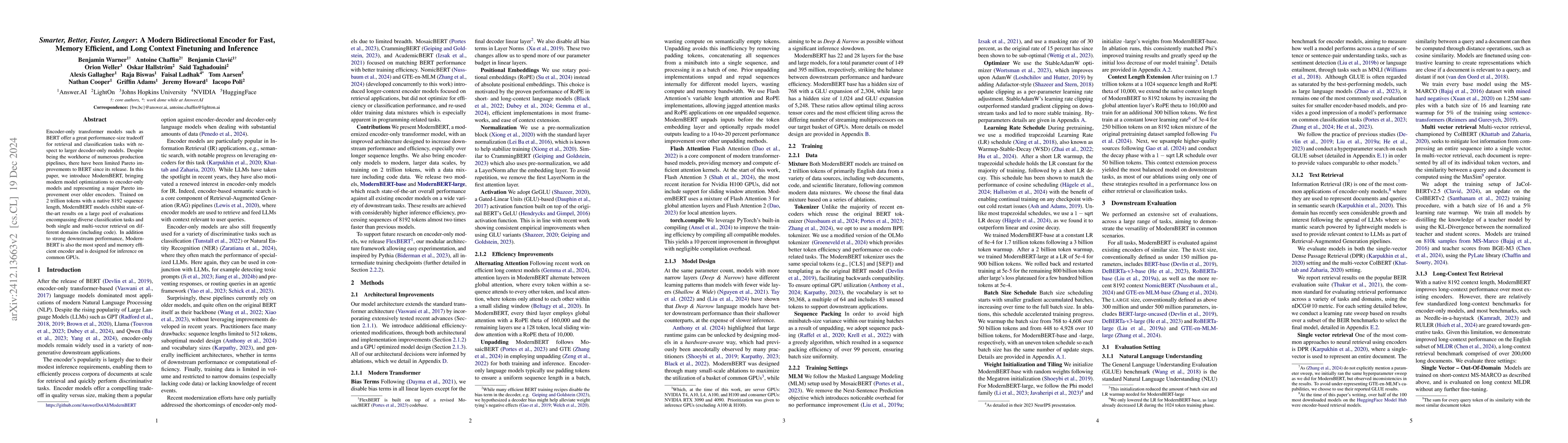 Thumbnail for Smarter, Better, Faster, Longer: A Modern Bidirectional Encoder for
  Fast, Memory Efficient, and Long Context Finetuning and Inference