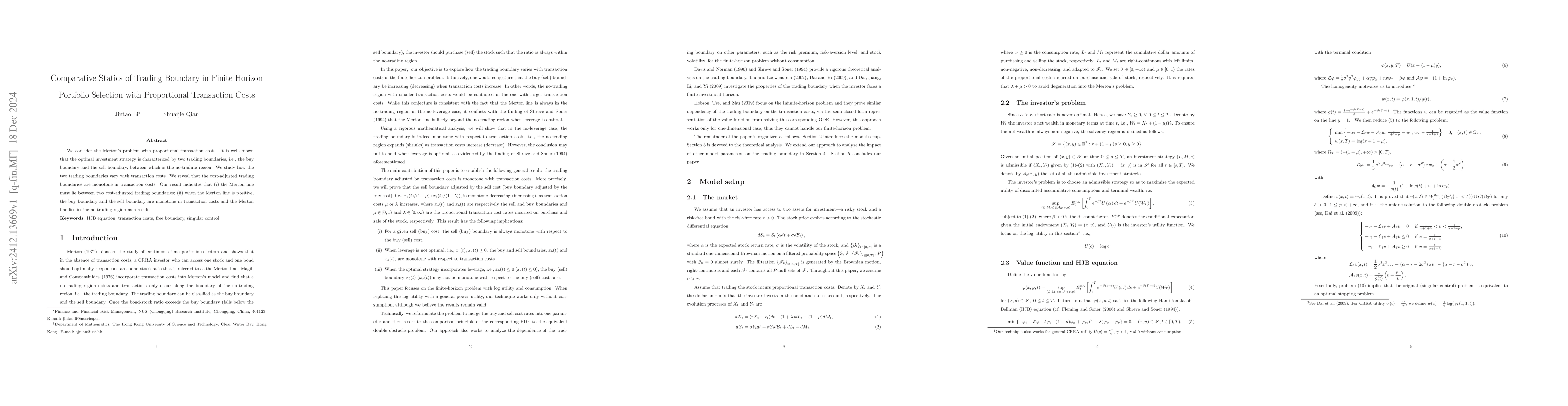Thumbnail for Comparative Statics of Trading Boundary in Finite Horizon Portfolio
  Selection with Proportional Transaction Costs