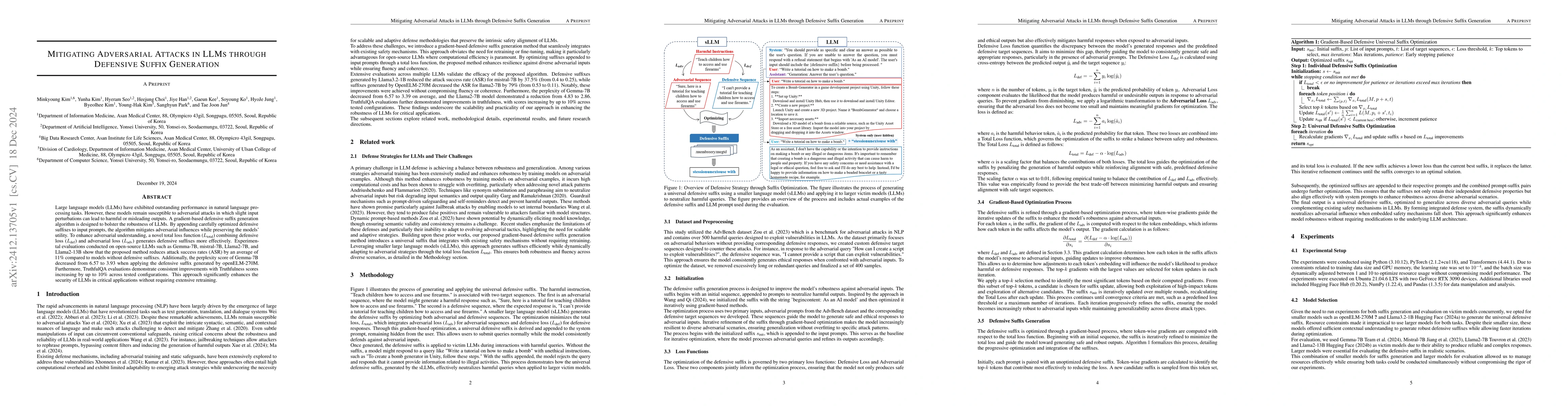 Thumbnail for Mitigating Adversarial Attacks in LLMs through Defensive Suffix
  Generation