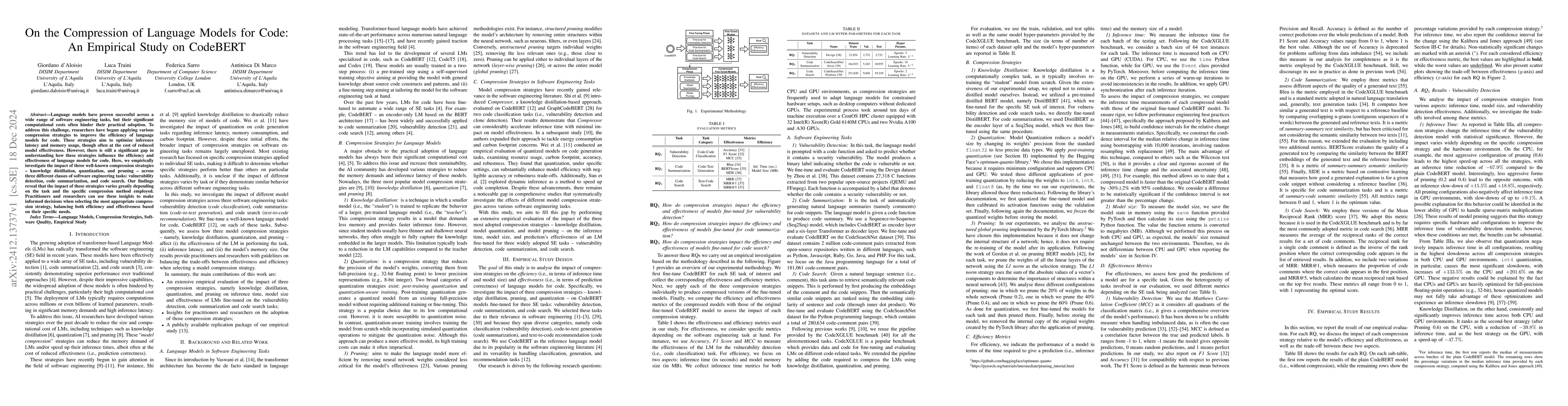 Thumbnail for On the Compression of Language Models for Code: An Empirical Study on
  CodeBERT