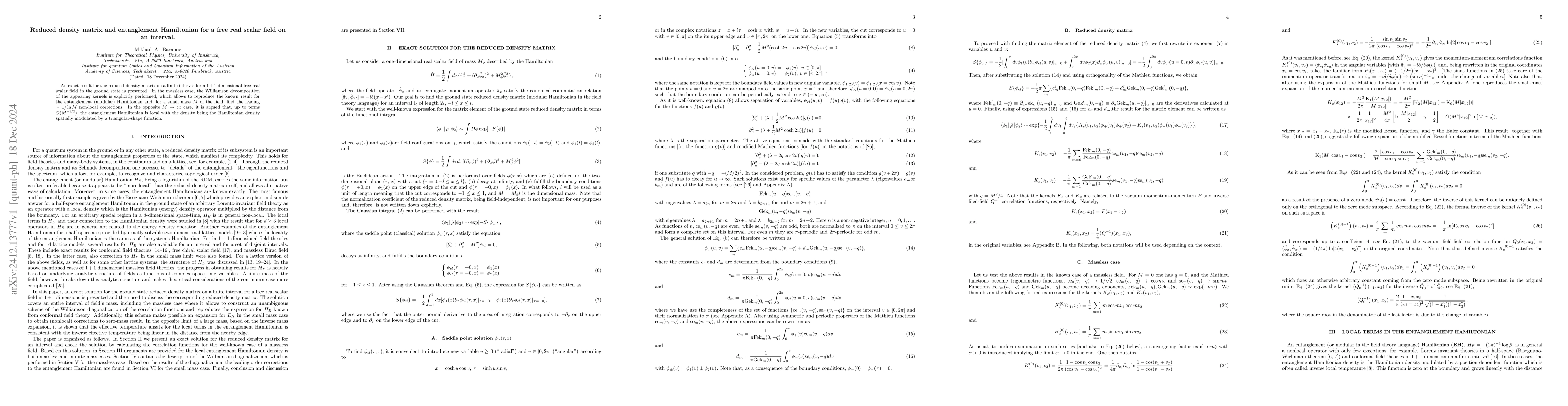 Thumbnail for Reduced density matrix and entanglement Hamiltonian for a free real
  scalar field on an interval