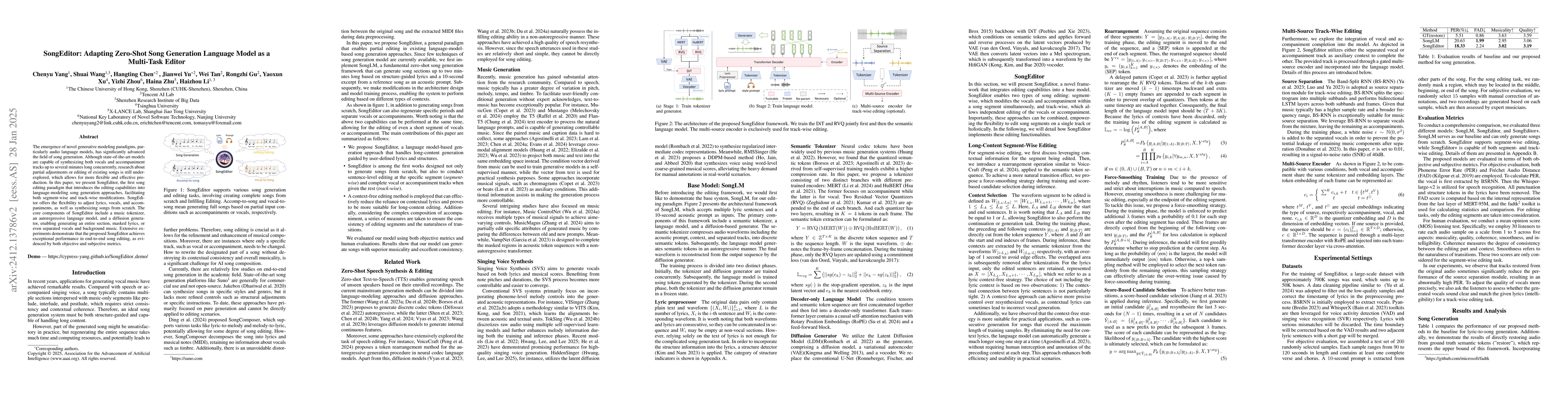 Thumbnail for SongEditor: Adapting Zero-Shot Song Generation Language Model as a
  Multi-Task Editor