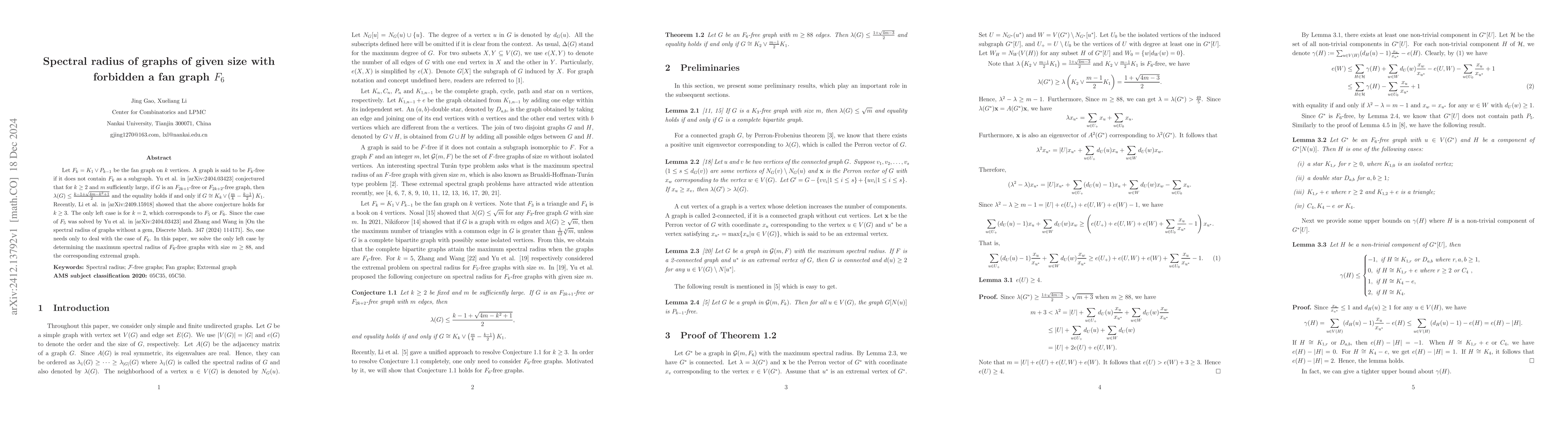 Thumbnail for Spectral radius of graphs of given size with forbidden a fan graph $F_6$
