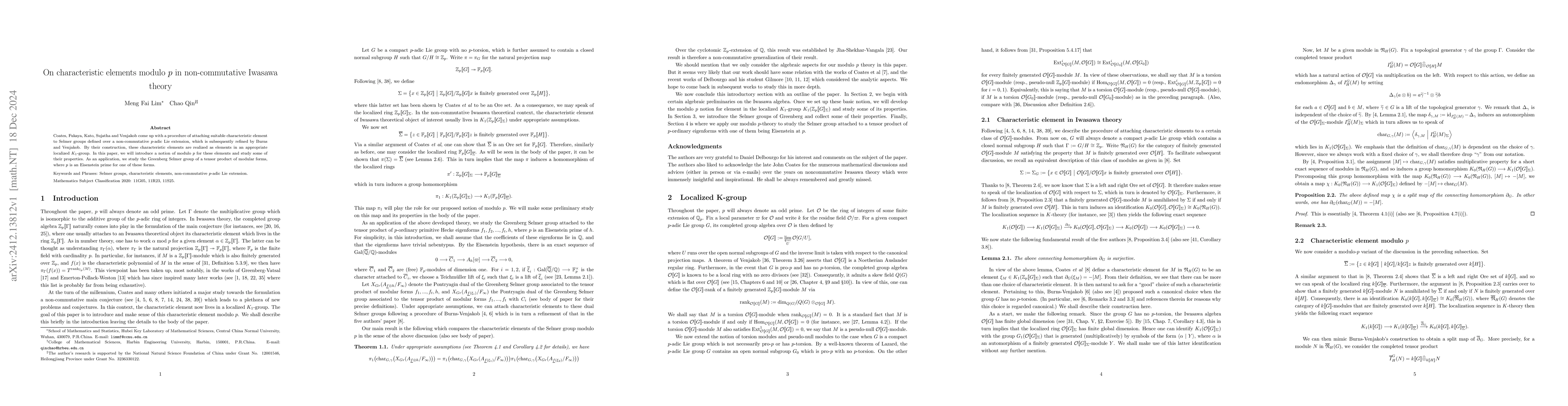 Thumbnail for On characteristic elements modulo $p$ in non-commutative Iwasawa theory