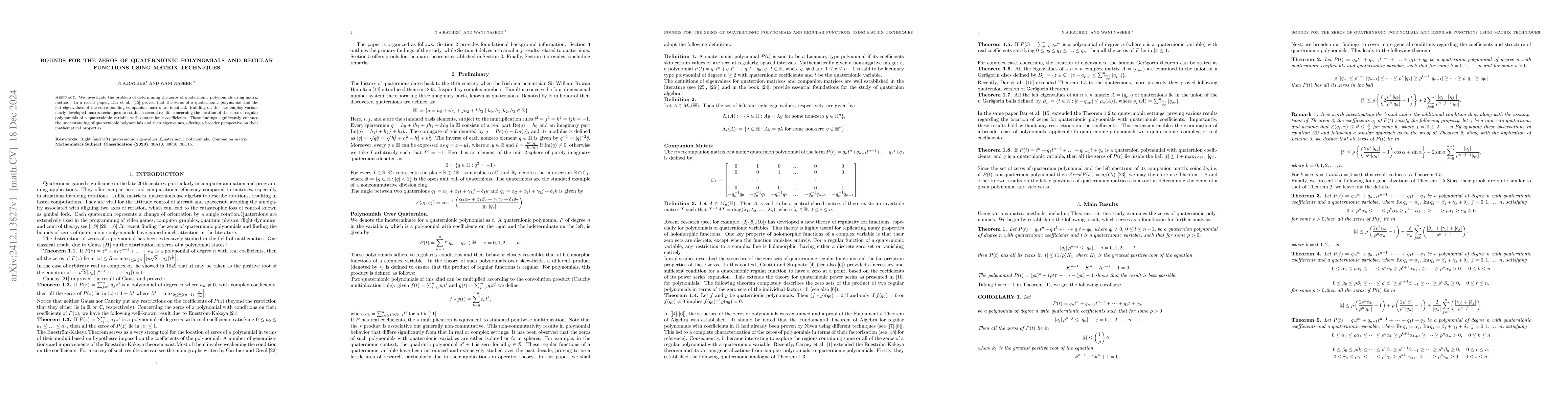 Thumbnail for Bounds for the Zeros of Quaternionic Polynomials and Regular Functions
  Using Matrix Techniques
