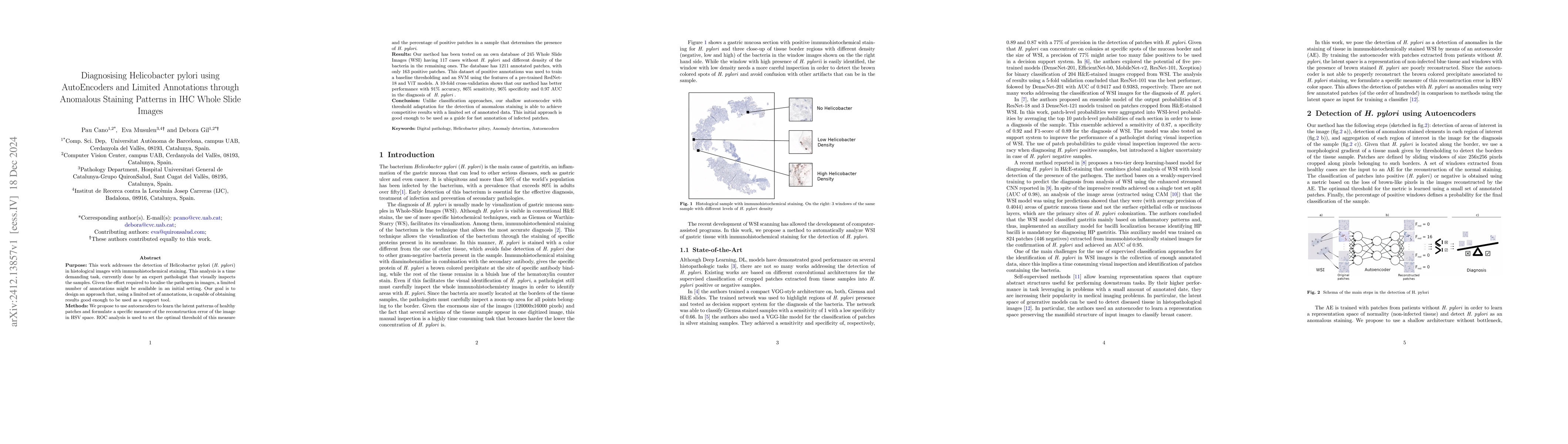 Thumbnail for Diagnosising Helicobacter pylori using AutoEncoders and Limited
  Annotations through Anomalous Staining Patterns in IHC Whole Slide Images