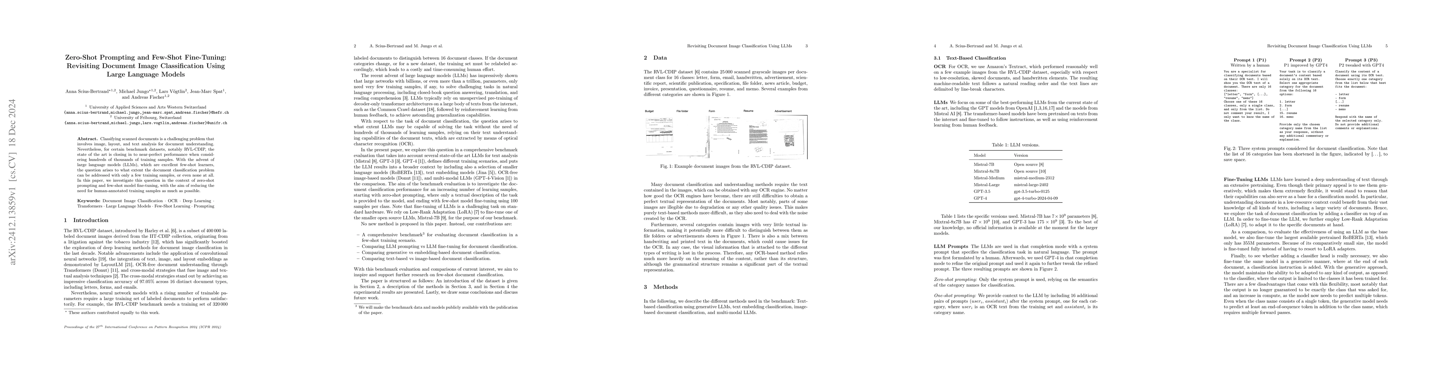 Thumbnail for Zero-Shot Prompting and Few-Shot Fine-Tuning: Revisiting Document Image
  Classification Using Large Language Models