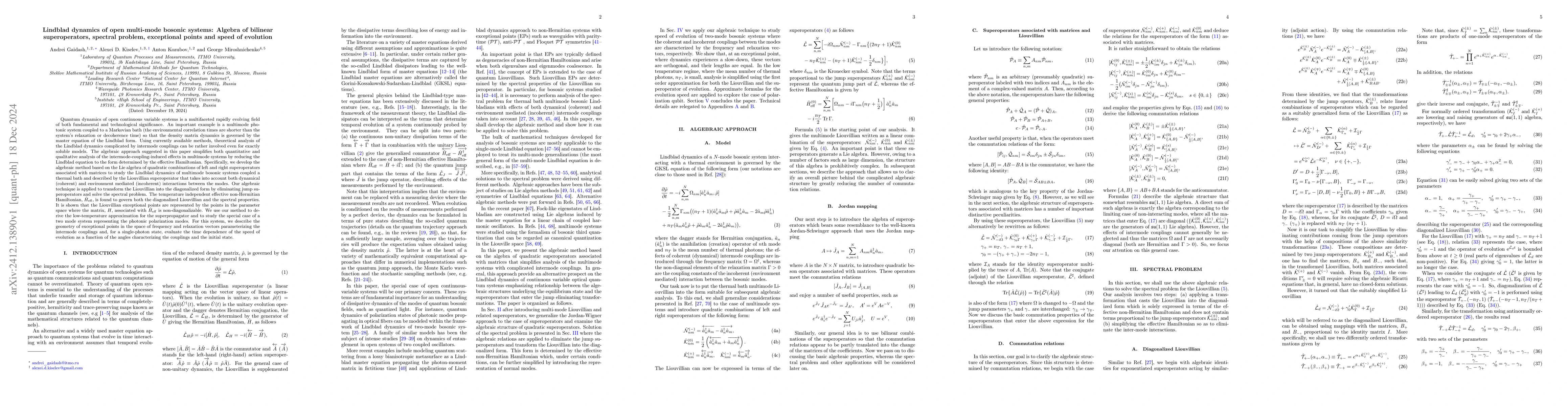 Thumbnail for Lindblad dynamics of open multi-mode bosonic systems: Algebra of
  bilinear superoperators, spectral problem, exceptional points and speed of
  evolution