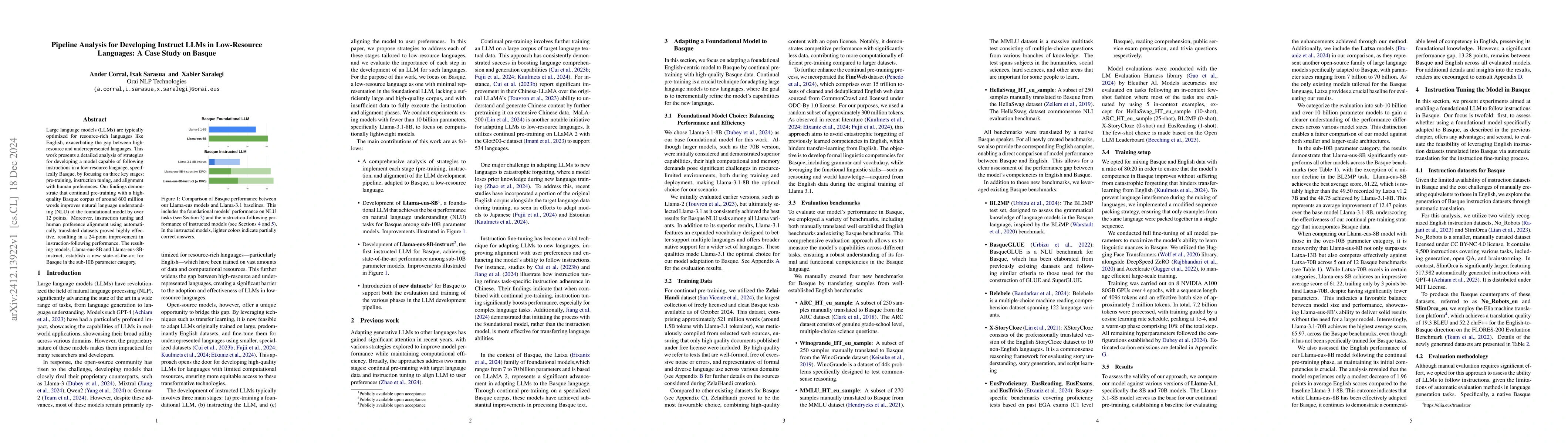 Thumbnail for Pipeline Analysis for Developing Instruct LLMs in Low-Resource
  Languages: A Case Study on Basque