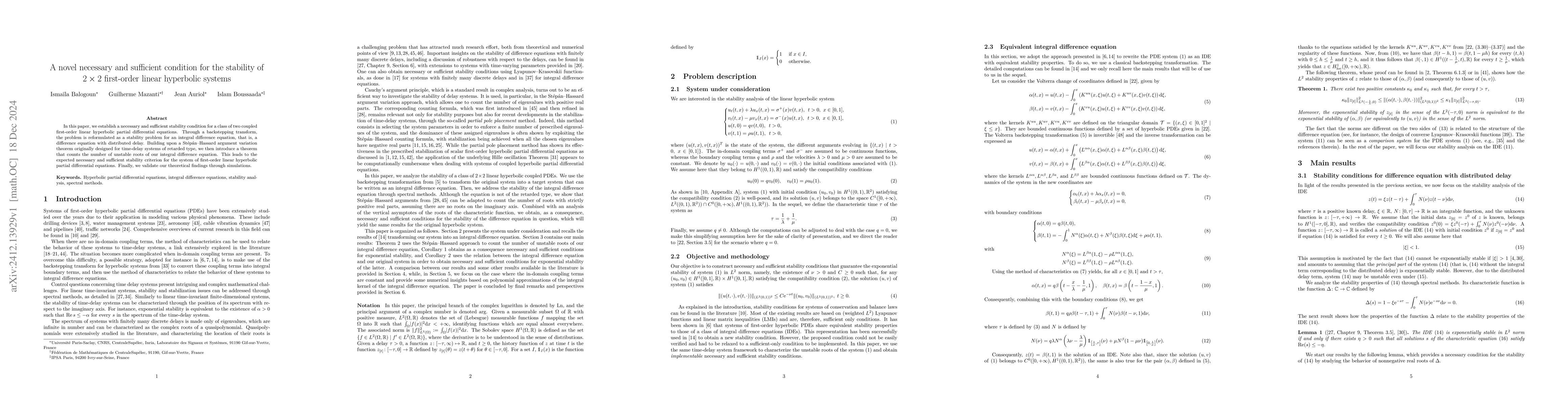 Thumbnail for A novel necessary and sufficient condition for the stability of $2\times
  2$ first-order linear hyperbolic systems