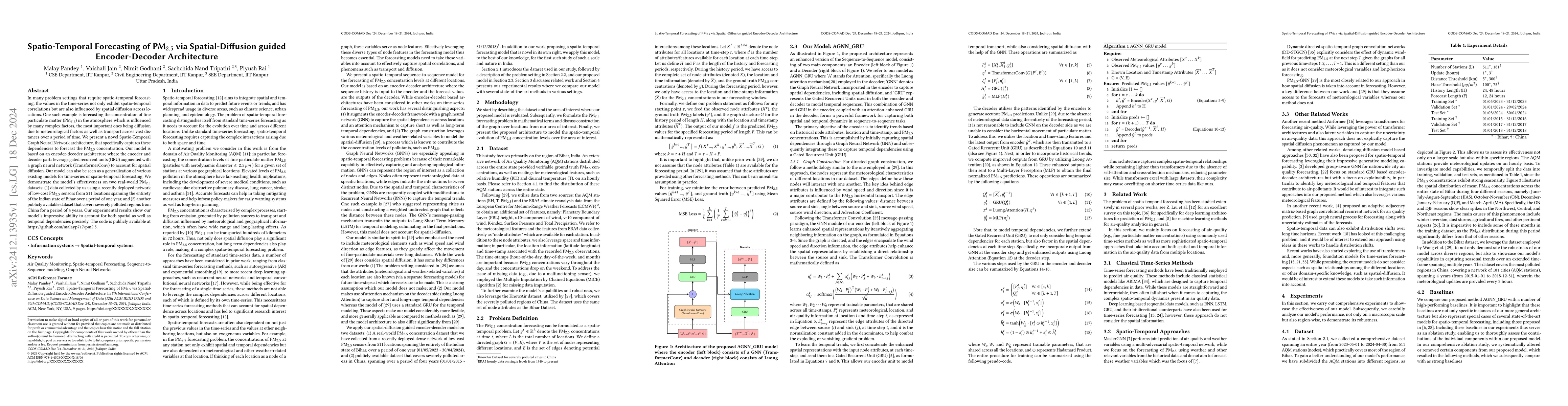 Thumbnail for Spatio-Temporal Forecasting of PM2.5 via Spatial-Diffusion guided
  Encoder-Decoder Architecture